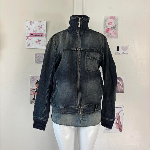 Salsa Dark Wash Distressed Denim Bomber Jacket Medium - Picture 4 of 8